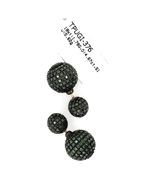 Artisan Black 18k Gold & Silver With Green Diamond Bead Ball Double Side Tunnel Earrings