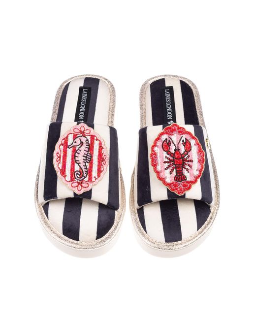 Laines London Red Flatform Stripe Open Toe Slippers With Stripe Lobster & Seahorse Brooches