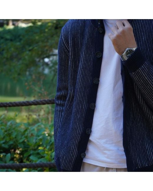 Nuvv Collection Blue Striped Rib Knit Cardigan – Premium Italian Yarn for men