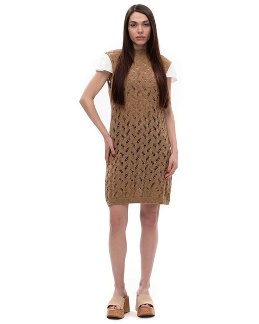Maison Bogomil Brown Linen Shell – Knit Tunic Dress With Short Linen Sleeves