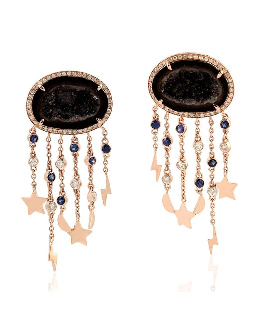 Artisan Black Rose Geode Sapphire Diamond Chandelier Earrings