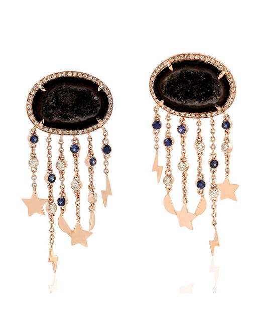 Artisan Black Solid Rose Gold Diamond Geode Blue Sapphire Designer Dangle Earrings Jewelry