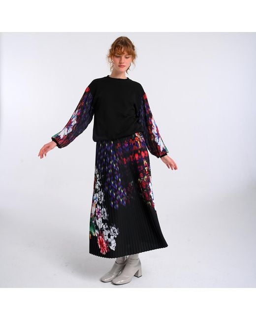 Lalipop Design Blue Floral Print Fully Pleated Maxi Skirt