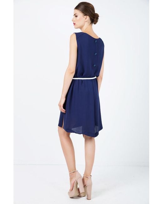 Conquista Blue Solid Colour Straight Dress With Belt