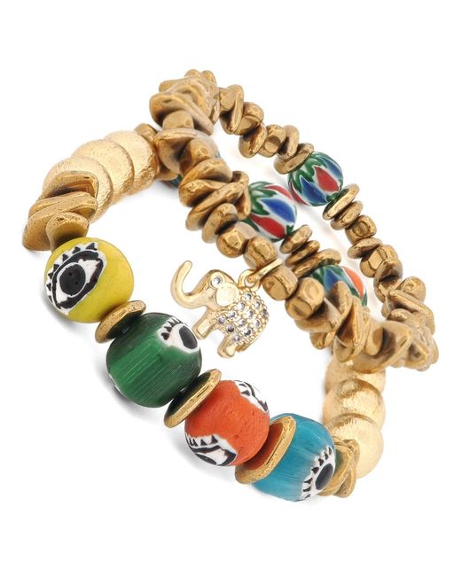 Ebru Jewelry Metallic Golden Elephant Colorful Evil Eye Beaded Bracelet Set