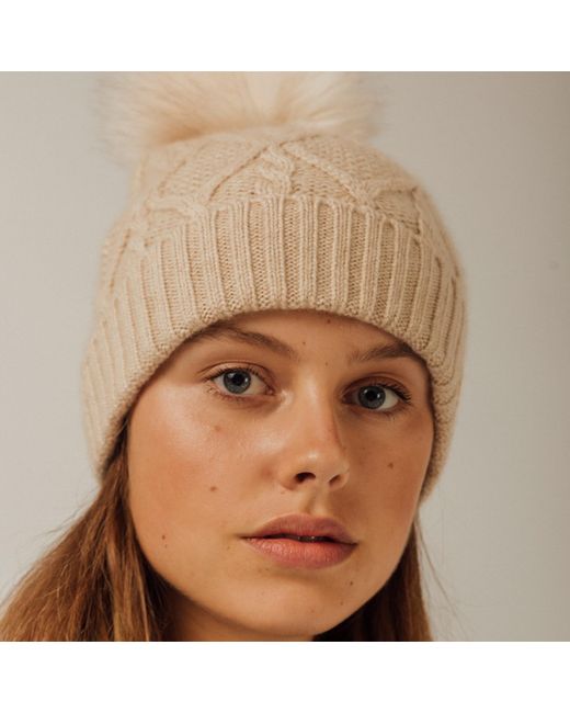 Bel Cashmere Natural Neutrals Cable Cashmere Hat With Pon Pon