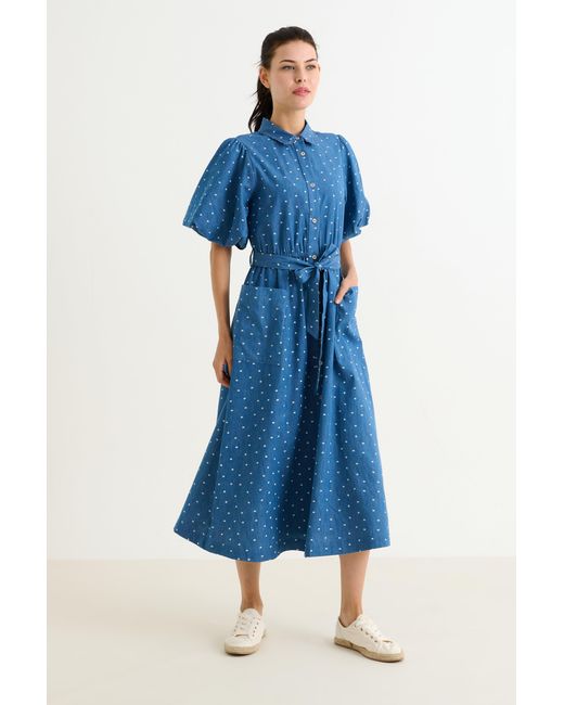Louche Blue Lola Flower Dot Print Balloon Sleeve Shirtdress