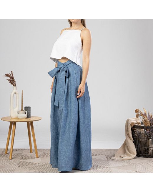 Nikka Place Blue Wide Leg Baggy Linen Pants With High Waist And Front Tie