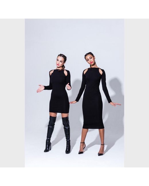 Imaatu Black La Vie En Rose Cold-Shoulder Cut-Out Sculpting Elastic Viscose Midi Dress Long Sleeves