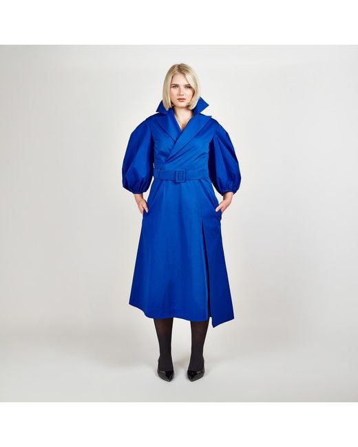 Femponiq Blue 'Wide Lapel Asymmetric Belted Midi Cotton Dress