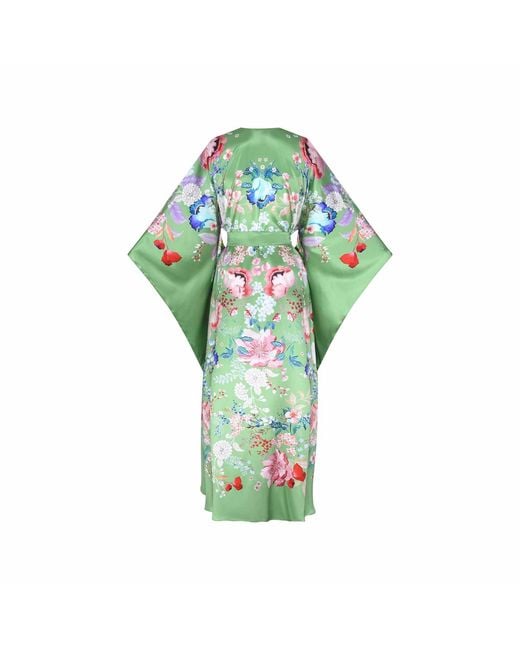 Meng Green Paris Watercolour Flowers Silk Satin Wrap Dress