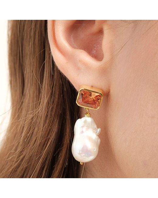 LINYA JEWELLERY Metallic Champagne Crystal Stone Baroque Pearl Dangle Earrings