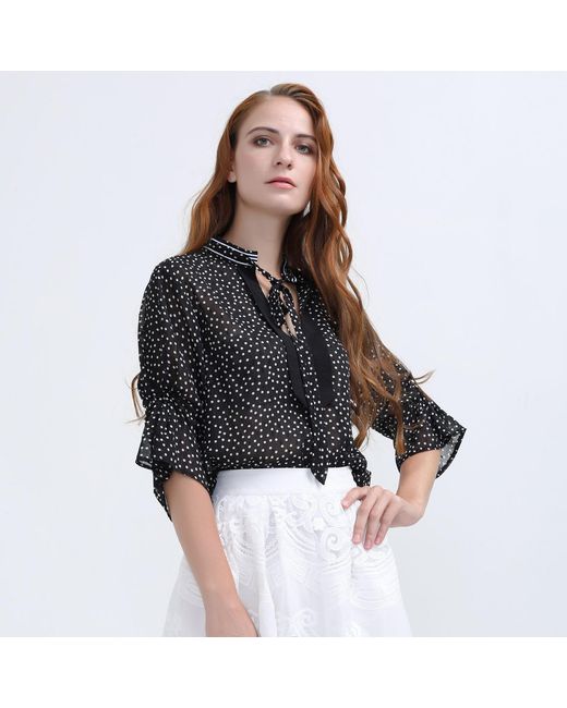 Smart and Joy Gray Polka Dots Tulip Sleeves Chiffon Blouse