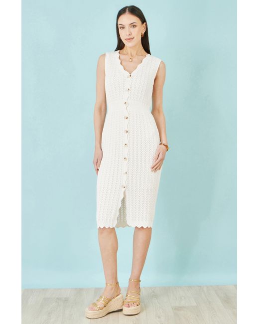 Yumi' White Ivory Cotton Scallop Crochet Knitted Dress