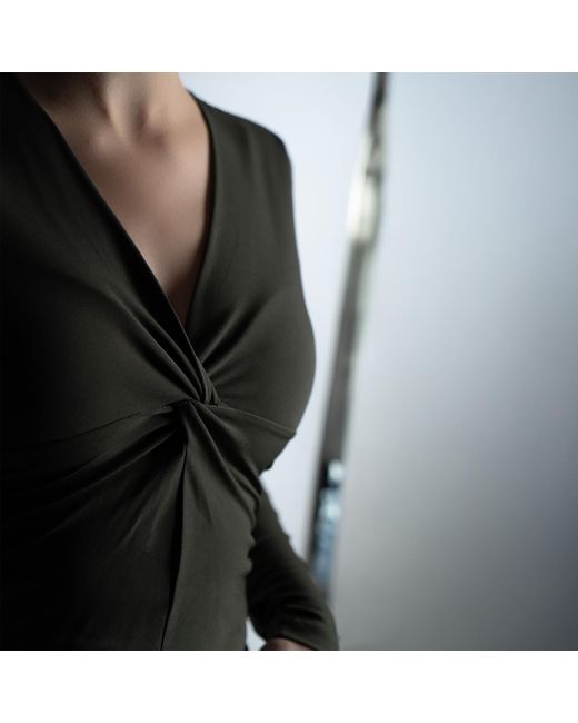 Maan Istanbul Green V-Neck Knot Detail Khaki Blouse