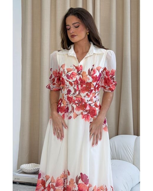 Girl In Mind Red Holland Cream And Floral Collar Midi Dress