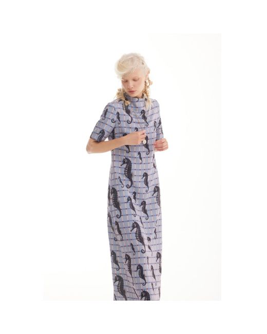 Julia Allert Gray Neutrals Pale Seahorse Grid Print Fluid A-Line Dress – Capsule Edition
