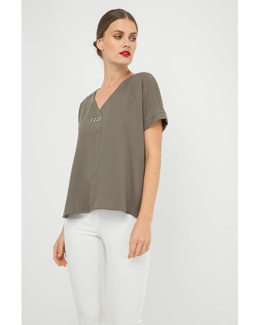Conquista Green Khaki V Neck Top With Metallic Motif