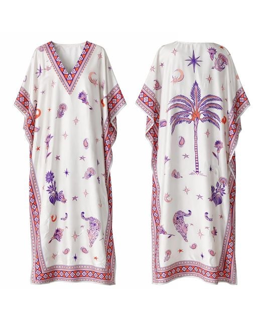 LOVEIST STORE Purple Morrocco Statement Print Silky Satin Kaftan Dress