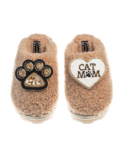 Laines London Metallic Teddy Closed Toe Slippers With Paw & Cat Mum Mom Brooches