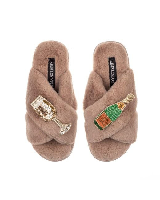 Laines London Brown Classic Laines Slippers With Laines Champers & Glass Brooches