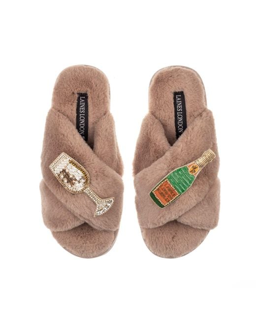 Laines London Brown Classic Laines Slippers With Laines Champers & Glass Brooches