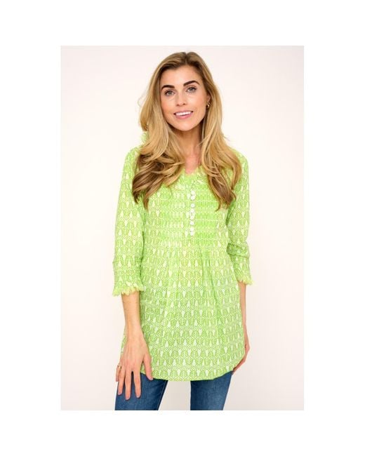 At Last Green Sophie Cotton Shirt In Fresh Lime & White