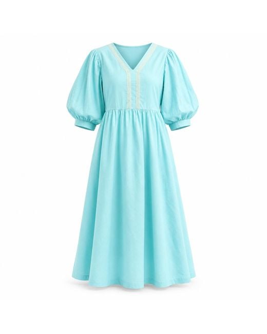 IZABELA MANDOIU Blue Aqua Midi Dress With Puff Sleeves And Decorative Trim