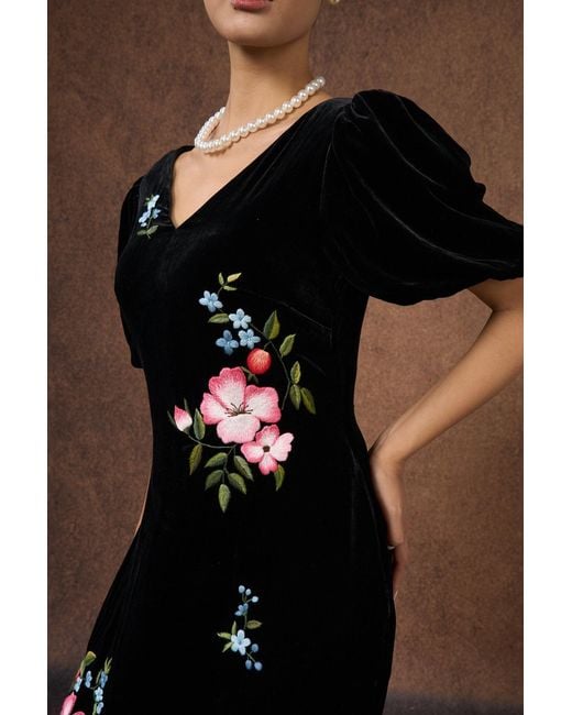 Silk and Bears Black Hand-Embroidered Silk Velvet Puff-Sleeve Maxi Dress — Floral — Velvet Atelier
