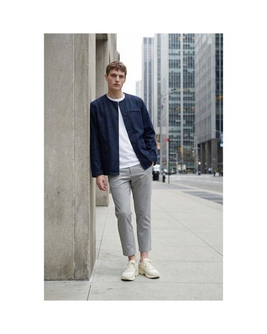 Modenaire Blue Collarless Jacket Relaxed Fit Structured Utility for men