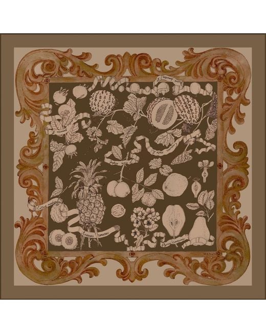 Wenzi Metallic Neutrals Fruitful Elegance Sand Hand Painted Pattern Double Sided Silk Twill Scarf