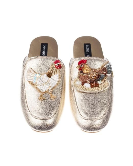 Laines London Metallic Classic Mules With Chicken & Hen On Nest Brooches