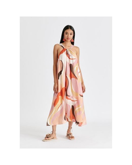 Paisie Pink Retro Wave Halter Neck Midi Dress