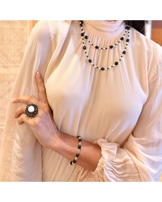 Farra Black Romantic Style Freshwater Pearl With Obsidian Cocktail Ring