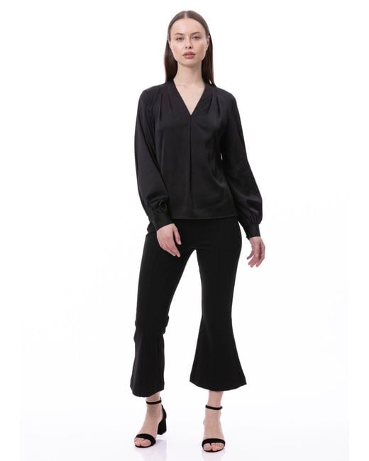 Carloslines Blue V-Neck Pleat Detail Balloon Long Sleeve Blouse