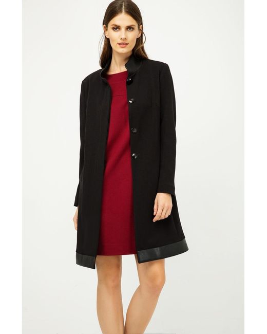 Conquista Black Coat With Pleather Detail