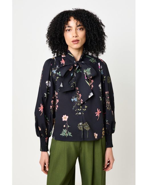 Louche Blue Aditi Flower Press Print Tie Neck Blouse