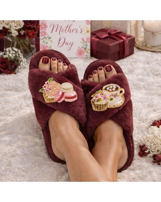 Laines London Purple Classic Laines Slippers With Mother's Day Macaroon Brooches