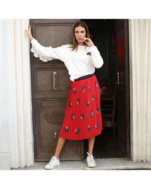 Lalipop Design Red Eyes On Midi Pleated Skirt