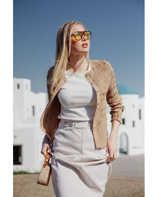 Rave on Trend Natural Ruched Button-Down Top