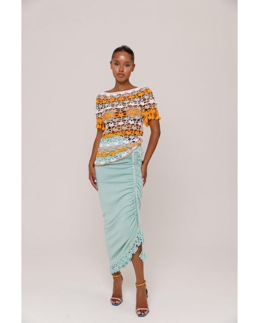 Andreeva Green Mint Carnation Knit Skirt With Handmade Embroidery