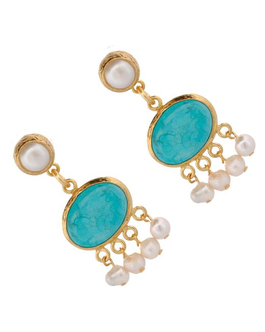 Ebru Jewelry Blue Cleopatra Pearl & Turquoise Stone Tassel Earrings