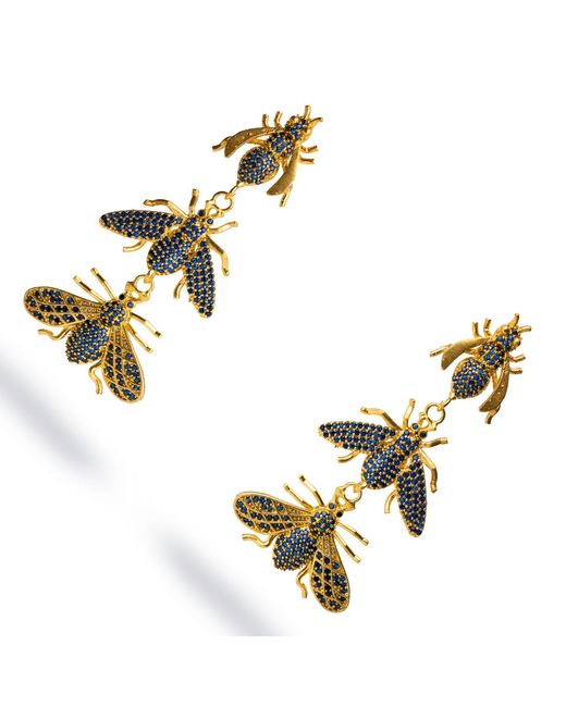 Ebru Jewelry Metallic Divine Connection Trio Queen Bee Sapphire & Dangle Earrings