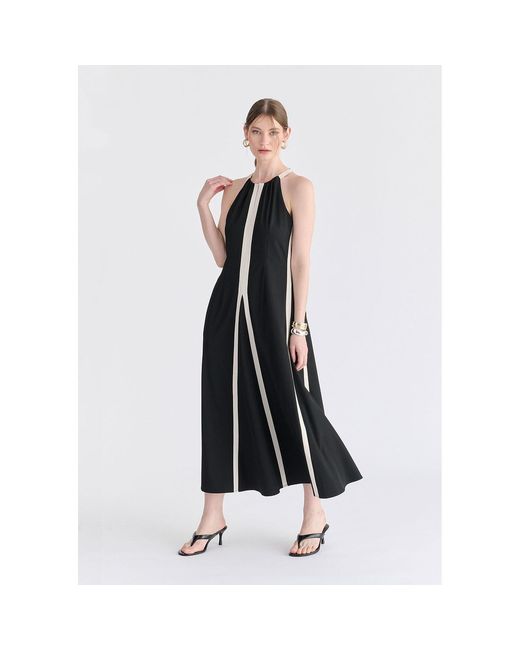 Paisie Black Contrast Details Halterneck Midi Dress