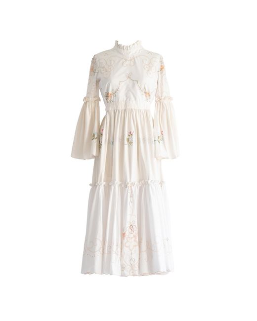 Sugar Cream Vintage White Re-design Upcycled Fine Rose Embroidery Maxi Dress