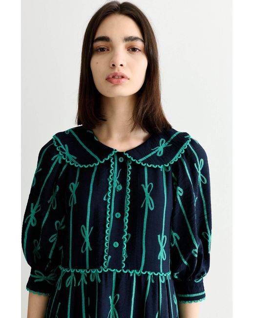 Louche Green Caris Tie Up Statement Collar Three Quarter Sleeve Midi Dress –