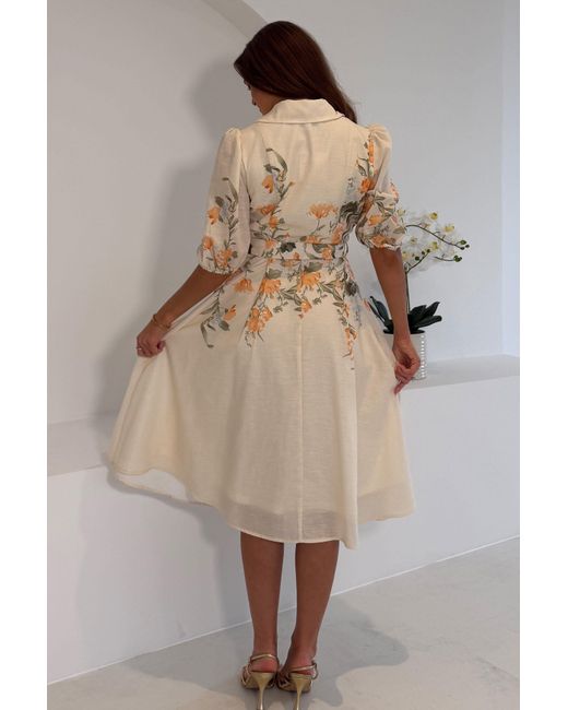 Girl In Mind Natural Renata Floral Boarder Print Print Midi Dress Cream