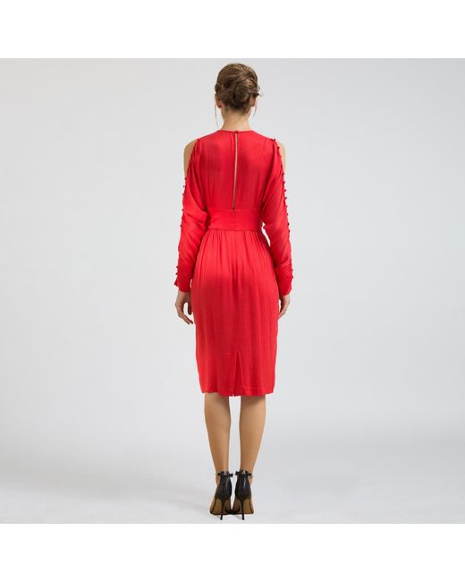 Smart and Joy Red Long-Sleeved Fitted Dress With Off-Shoulders