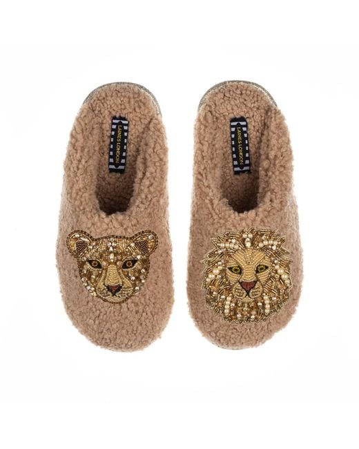 Laines London Natural Teddy Towelling Closed Toe Slippers With Artisan Lion & Lioness Brooches