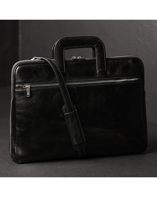 Time Resistance Black Leather Briefcase Laptop Bag